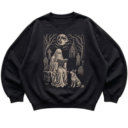 Black crewneck sweatshirt featuring Ghost Reading to Blue Heeler, laid-flat presentation