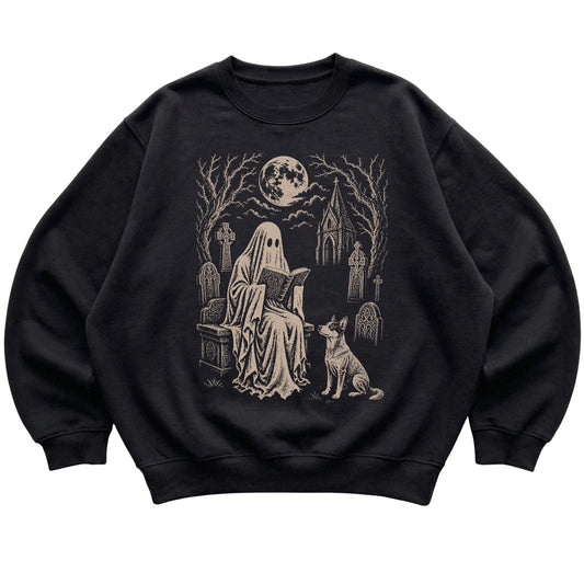 Black crewneck sweatshirt featuring Ghost Reading to Blue Heeler, laid-flat presentation