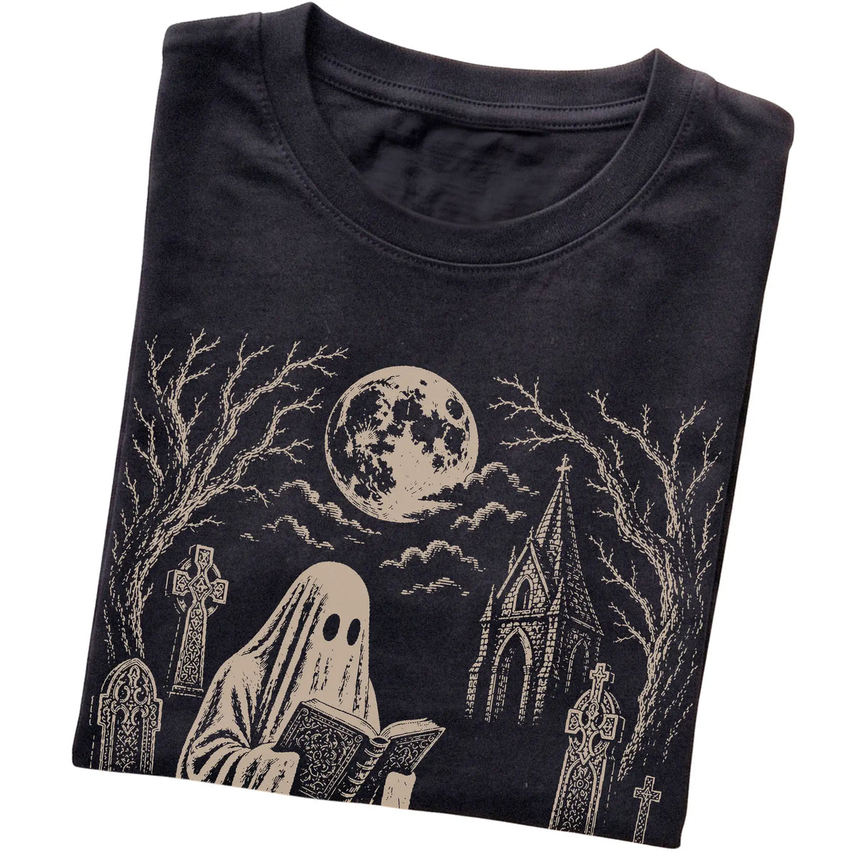 Black T-shirt featuring Ghost Reading to Blue Heeler, folded presentation