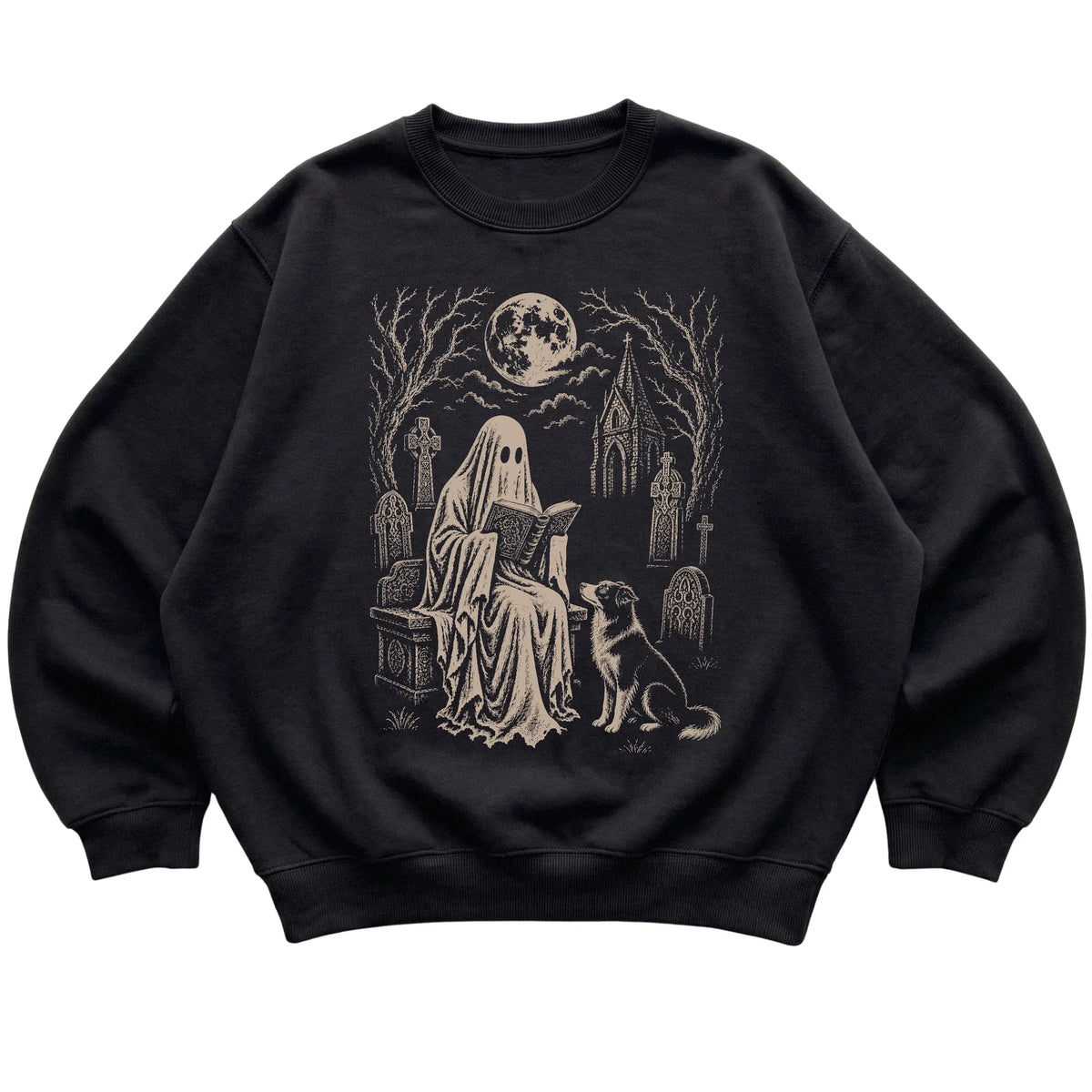 Black crewneck sweatshirt featuring Ghost Reading to Border Collie, laid-flat presentation