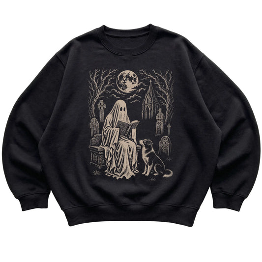 Black crewneck sweatshirt featuring Ghost Reading to Border Collie, laid-flat presentation