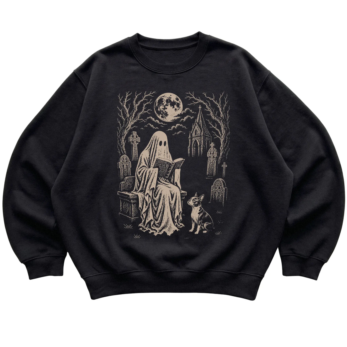 Black crewneck sweatshirt featuring Ghost Reading to Boston Terrier, laid-flat presentation