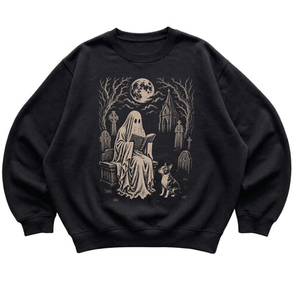 Black crewneck sweatshirt featuring Ghost Reading to Boston Terrier, laid-flat presentation