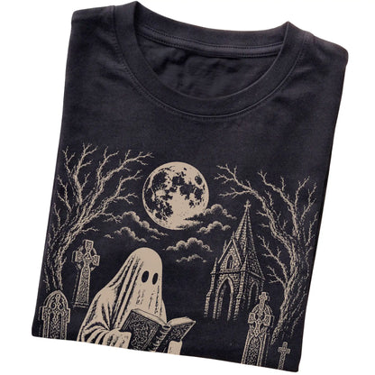 Black T-shirt featuring Ghost Reading to Boxer, folded presentation