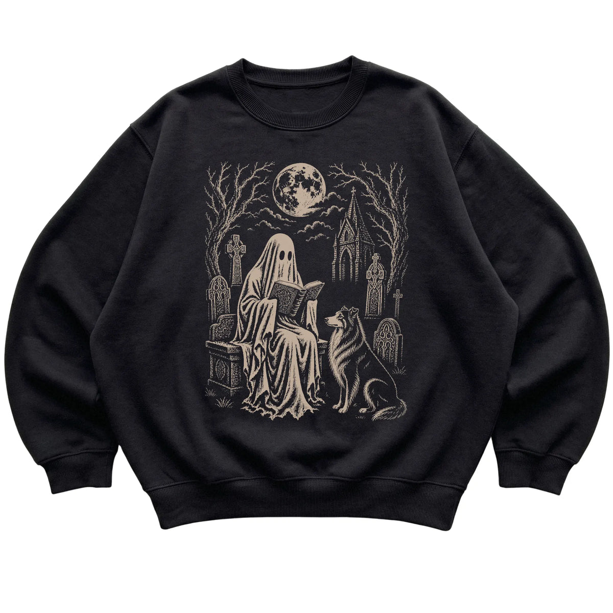 Black crewneck sweatshirt featuring Ghost Reading to Collie, laid-flat presentation