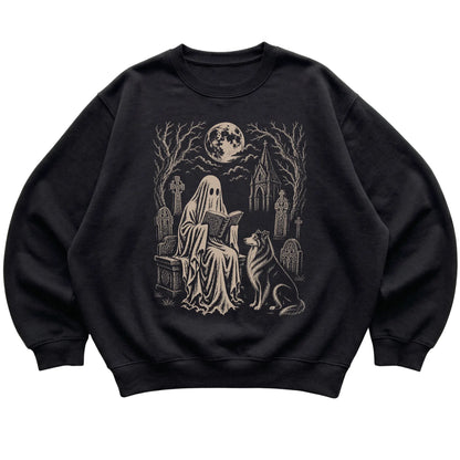 Black crewneck sweatshirt featuring Ghost Reading to Collie, laid-flat presentation