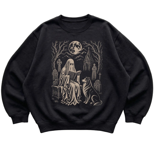 Black crewneck sweatshirt featuring Ghost Reading to Collie, laid-flat presentation