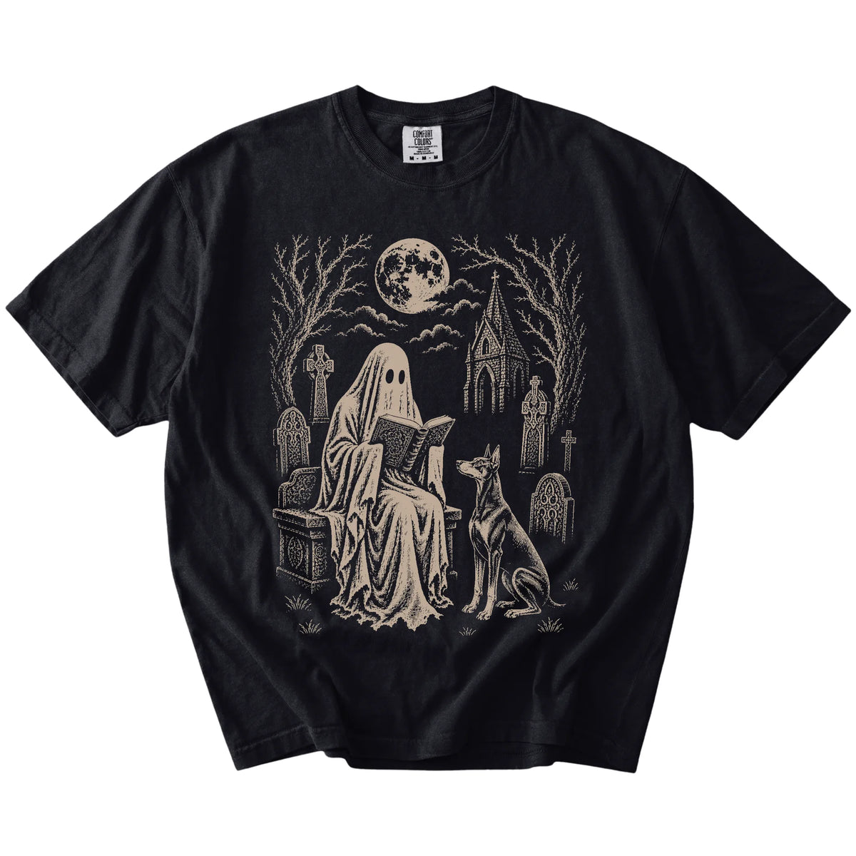 Doberman beside a reading ghost in a moonlit graveyard on a Black Comfort Colors® T-shirt
