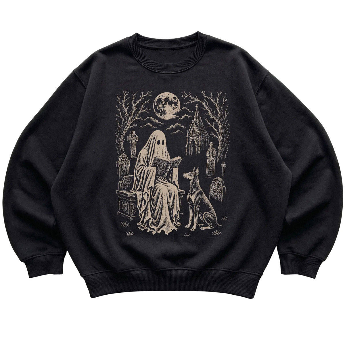 Black crewneck sweatshirt featuring Ghost Reading to Doberman, laid-flat presentation