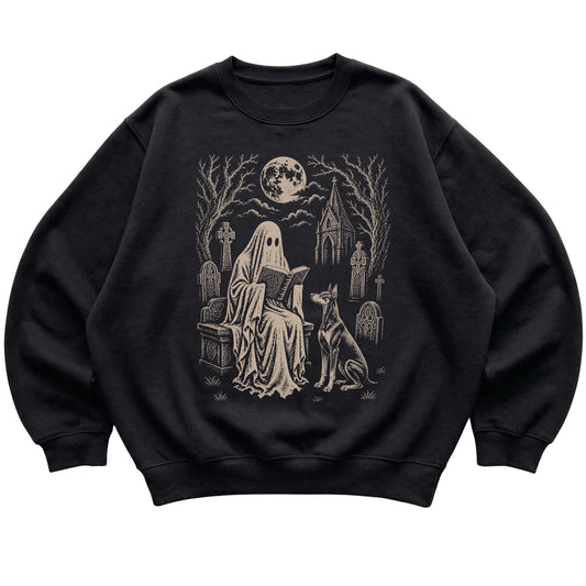 Black crewneck sweatshirt featuring Ghost Reading to Doberman, laid-flat presentation