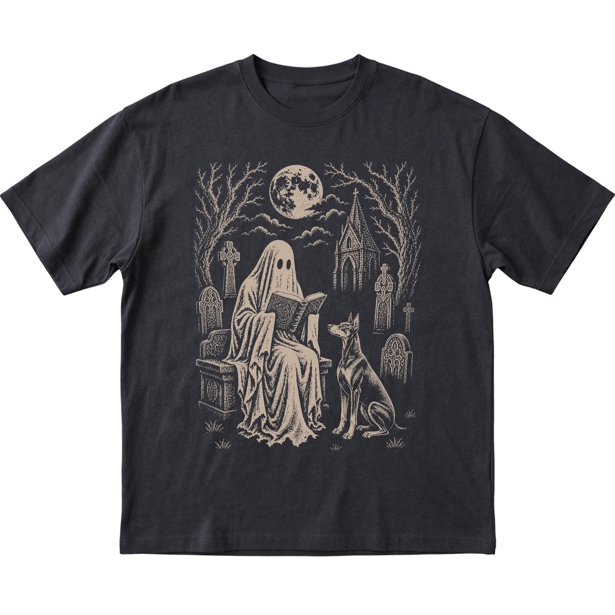 Black T-shirt featuring Ghost Reading to Doberman, laid-flat presentation