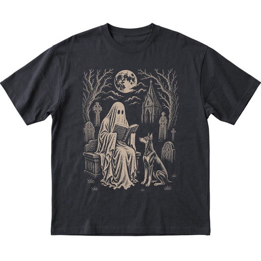 Black T-shirt featuring Ghost Reading to Doberman, laid-flat presentation