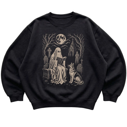 Black crewneck sweatshirt featuring Ghost Reading to German Shepherd, laid-flat presentation