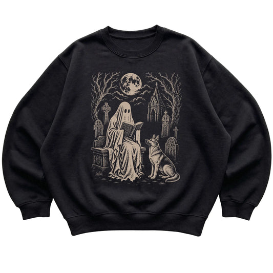 Black crewneck sweatshirt featuring Ghost Reading to German Shepherd, laid-flat presentation