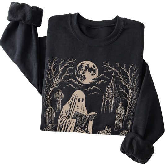 Black crewneck sweatshirt featuring Ghost Reading to German Shepherd, folded presentation