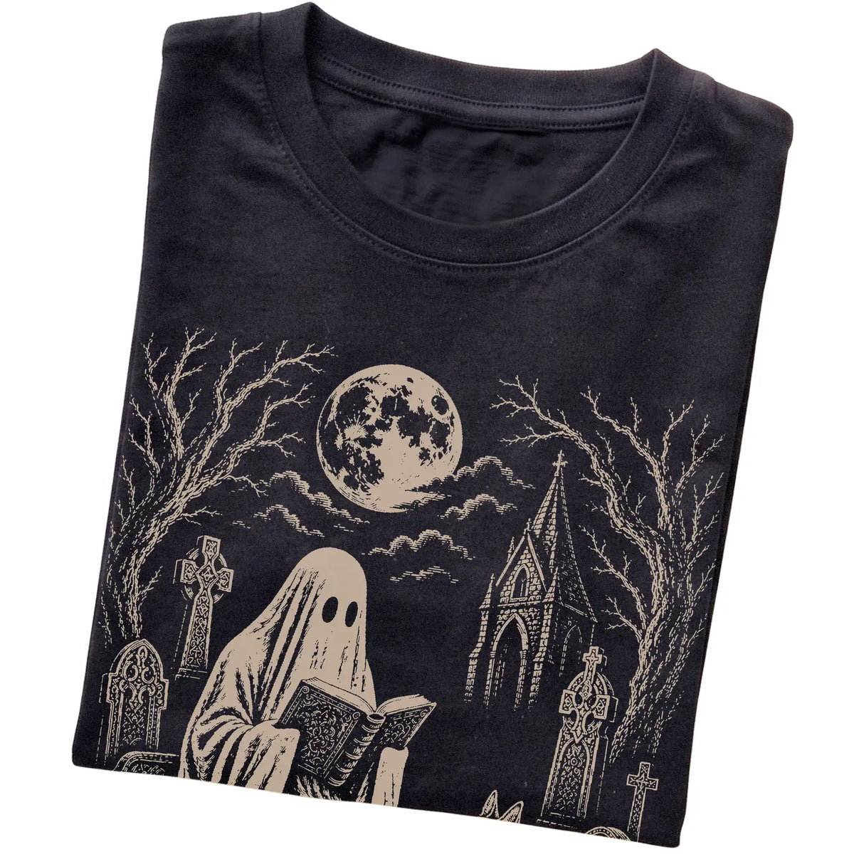 Black T-shirt featuring Ghost Reading to German Shepherd, folded presentation