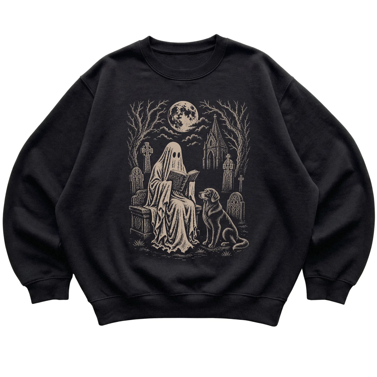 Black crewneck sweatshirt featuring Ghost Reading to Golden Retriever, laid-flat presentation