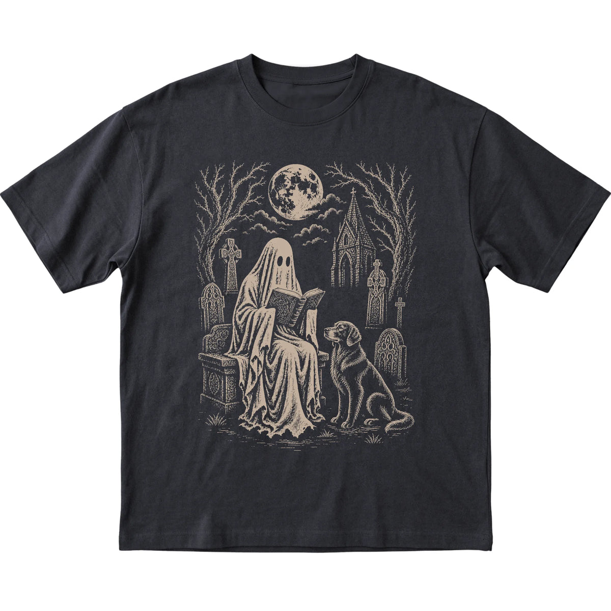 Black T-shirt featuring Ghost Reading to Golden Retriever, laid-flat presentation