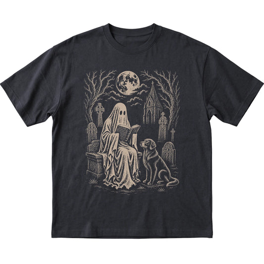 Black T-shirt featuring Ghost Reading to Golden Retriever, laid-flat presentation