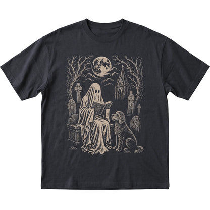 Black T-shirt featuring Ghost Reading to Goldendoodle, laid-flat presentation