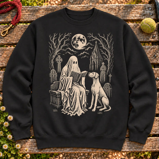Great Dane Ghost Reading on a Black crewneck sweatshirt, shown flat
