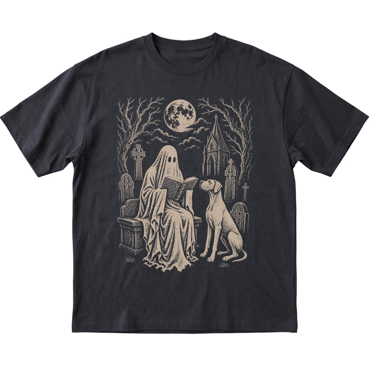 Black T-shirt featuring Ghost Reading to Great Dane, laid-flat presentation