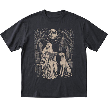Black T-shirt featuring Ghost Reading to Great Dane, laid-flat presentation