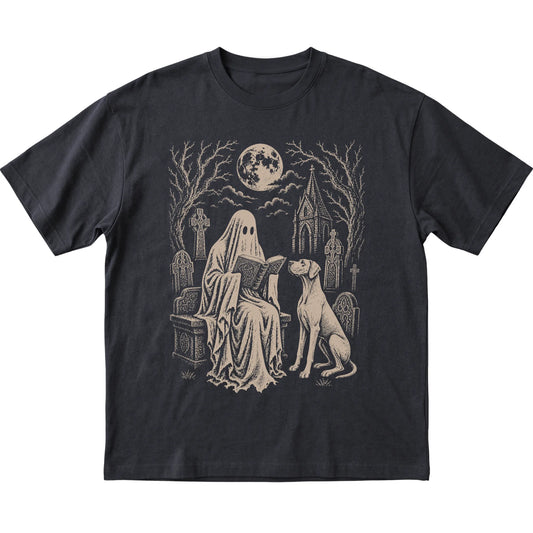 Black T-shirt featuring Ghost Reading to Great Dane, laid-flat presentation