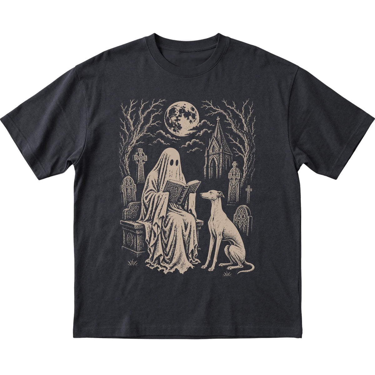 Black T-shirt featuring Ghost Reading to Greyhound, laid-flat presentation