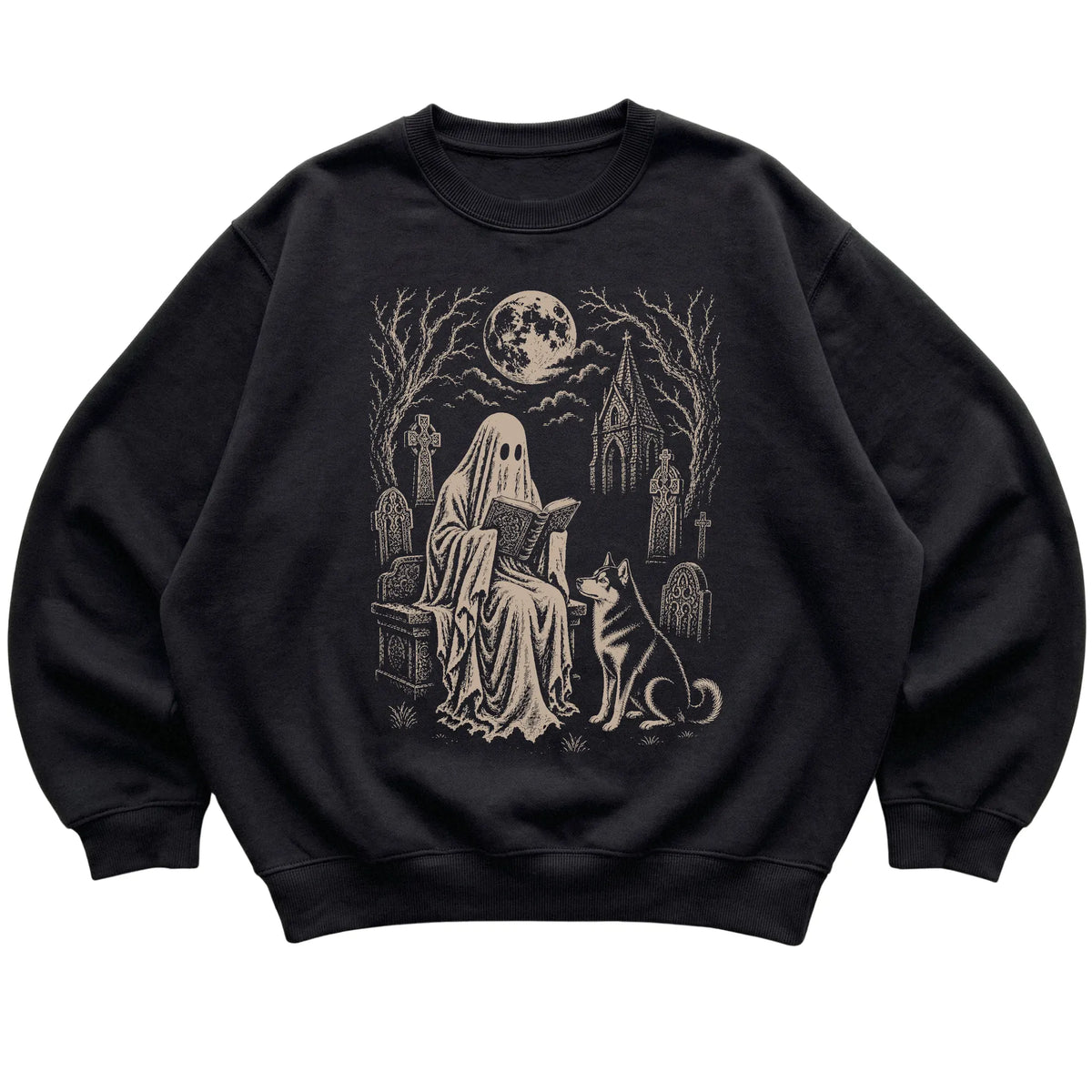 Black crewneck sweatshirt featuring Ghost Reading to Husky, laid-flat presentation