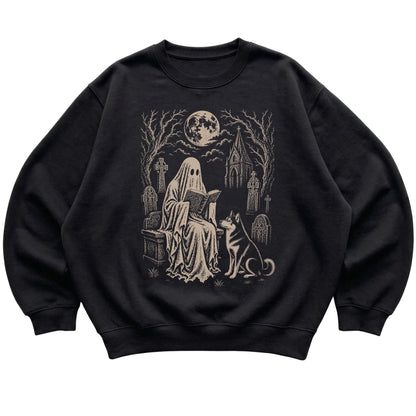 Black crewneck sweatshirt featuring Ghost Reading to Husky, laid-flat presentation