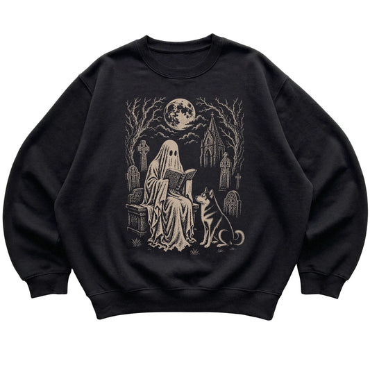 Black crewneck sweatshirt featuring Ghost Reading to Husky, laid-flat presentation