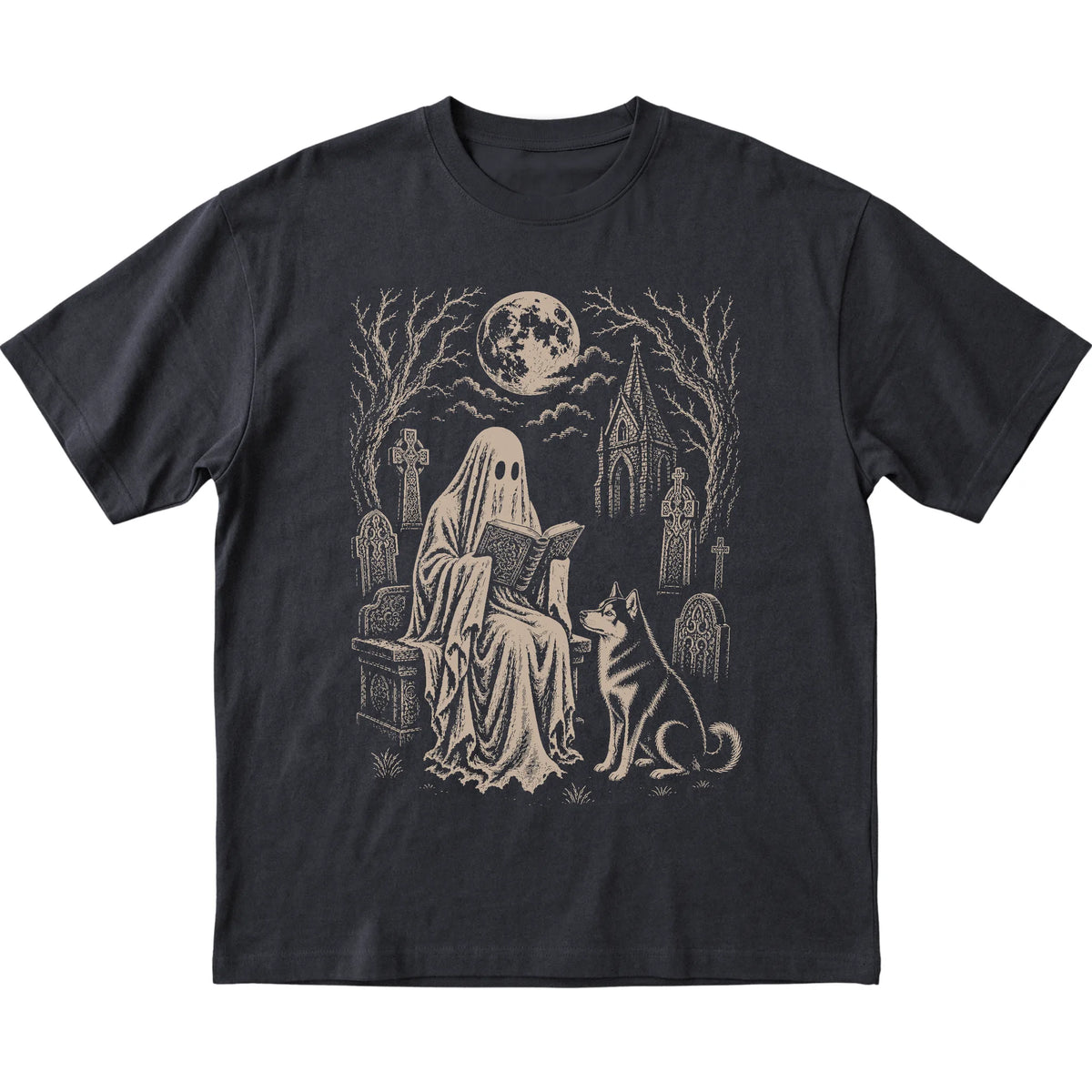 Black T-shirt featuring Ghost Reading to Husky, laid-flat presentation