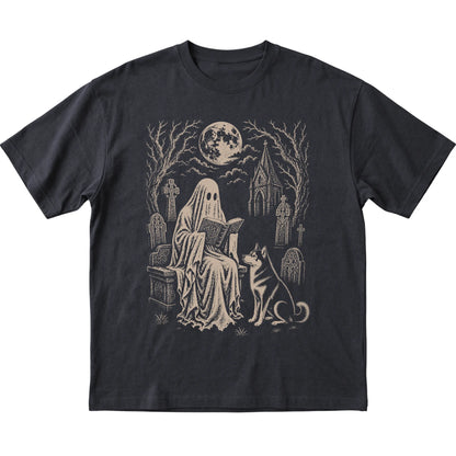 Black T-shirt featuring Ghost Reading to Husky, laid-flat presentation