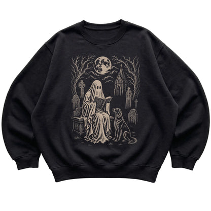 Black crewneck sweatshirt featuring Ghost Reading to Irish Setter, laid-flat presentation