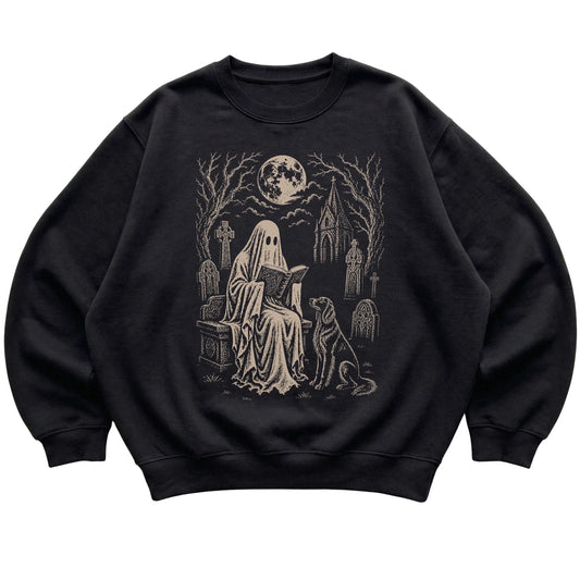 Black crewneck sweatshirt featuring Ghost Reading to Irish Setter, laid-flat presentation