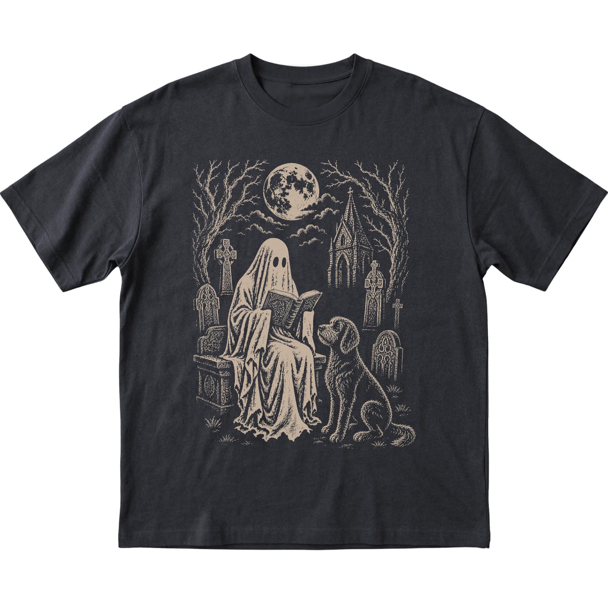 Black T-shirt featuring Ghost Reading to Labradoodle, laid-flat presentation