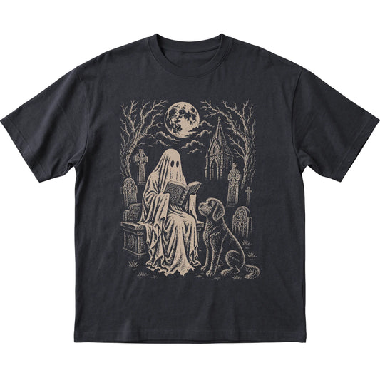 Black T-shirt featuring Ghost Reading to Labradoodle, laid-flat presentation