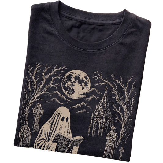 Black T-shirt featuring Ghost Reading to American Bulldog, folded presentation