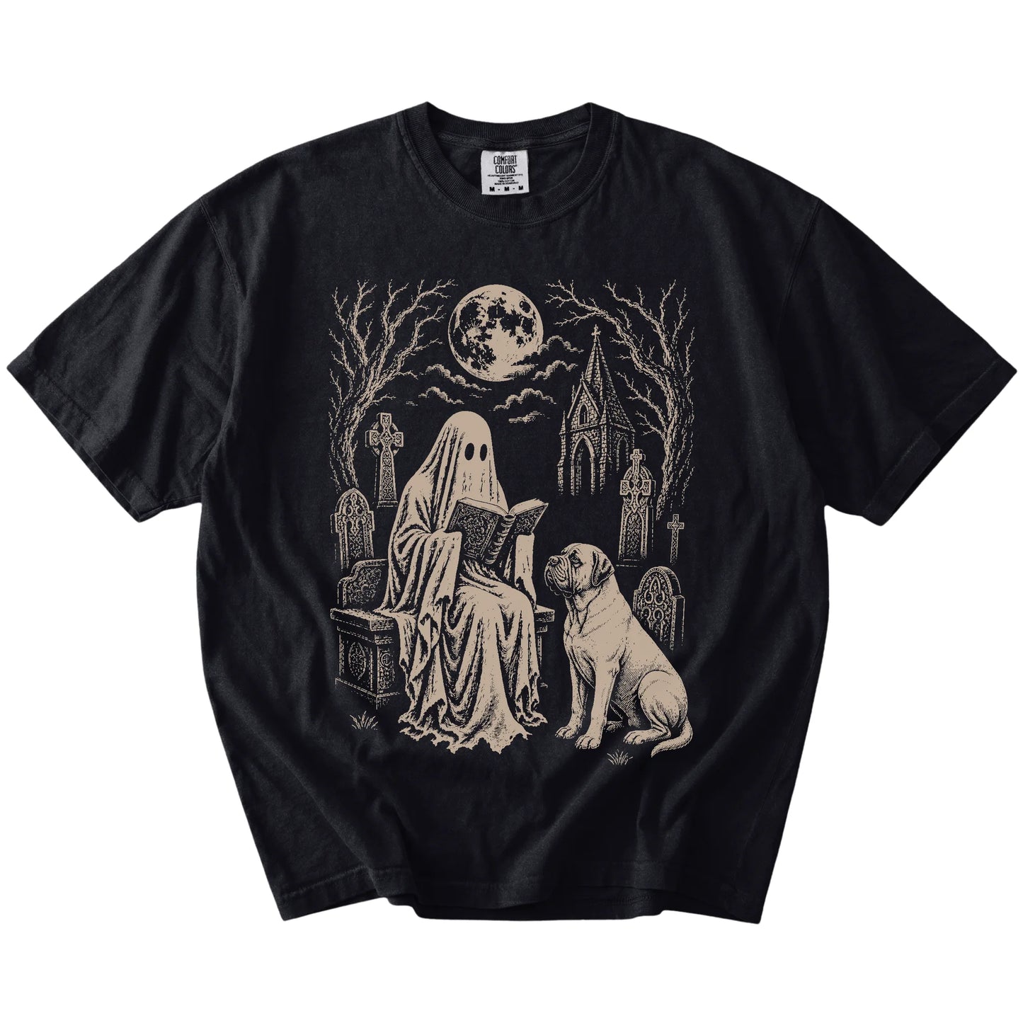 Mastiff beside a reading ghost in a moonlit graveyard on a Black Comfort Colors® T-shirt