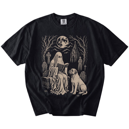 Mastiff beside a reading ghost in a moonlit graveyard on a Black Comfort Colors® T-shirt