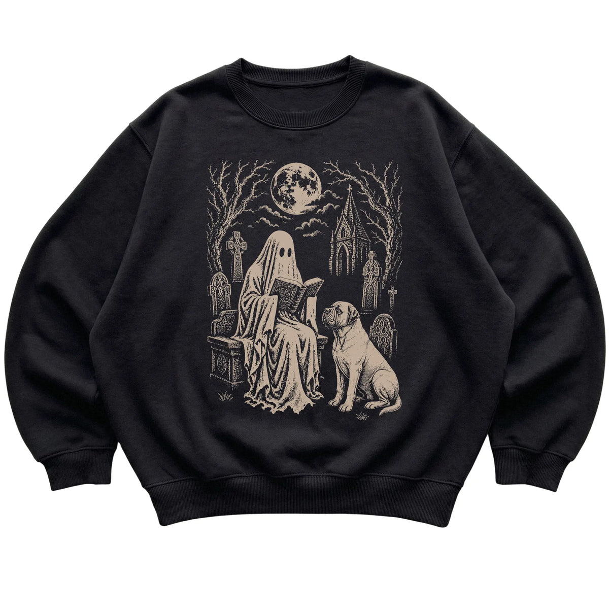 Black crewneck sweatshirt featuring Ghost Reading to Mastiff, laid-flat presentation