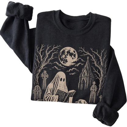 Black crewneck sweatshirt featuring Ghost Reading to Mastiff, folded presentation