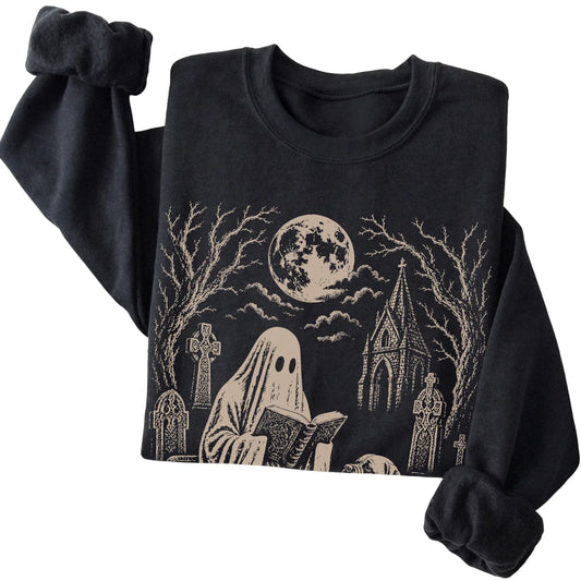 Black crewneck sweatshirt featuring Ghost Reading to Mastiff, folded presentation