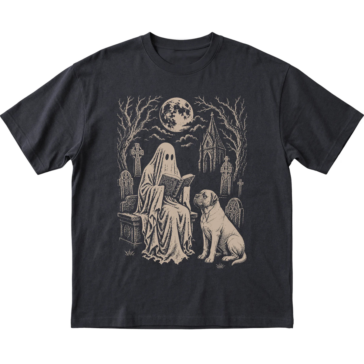 Black T-shirt featuring Ghost Reading to Mastiff, laid-flat presentation