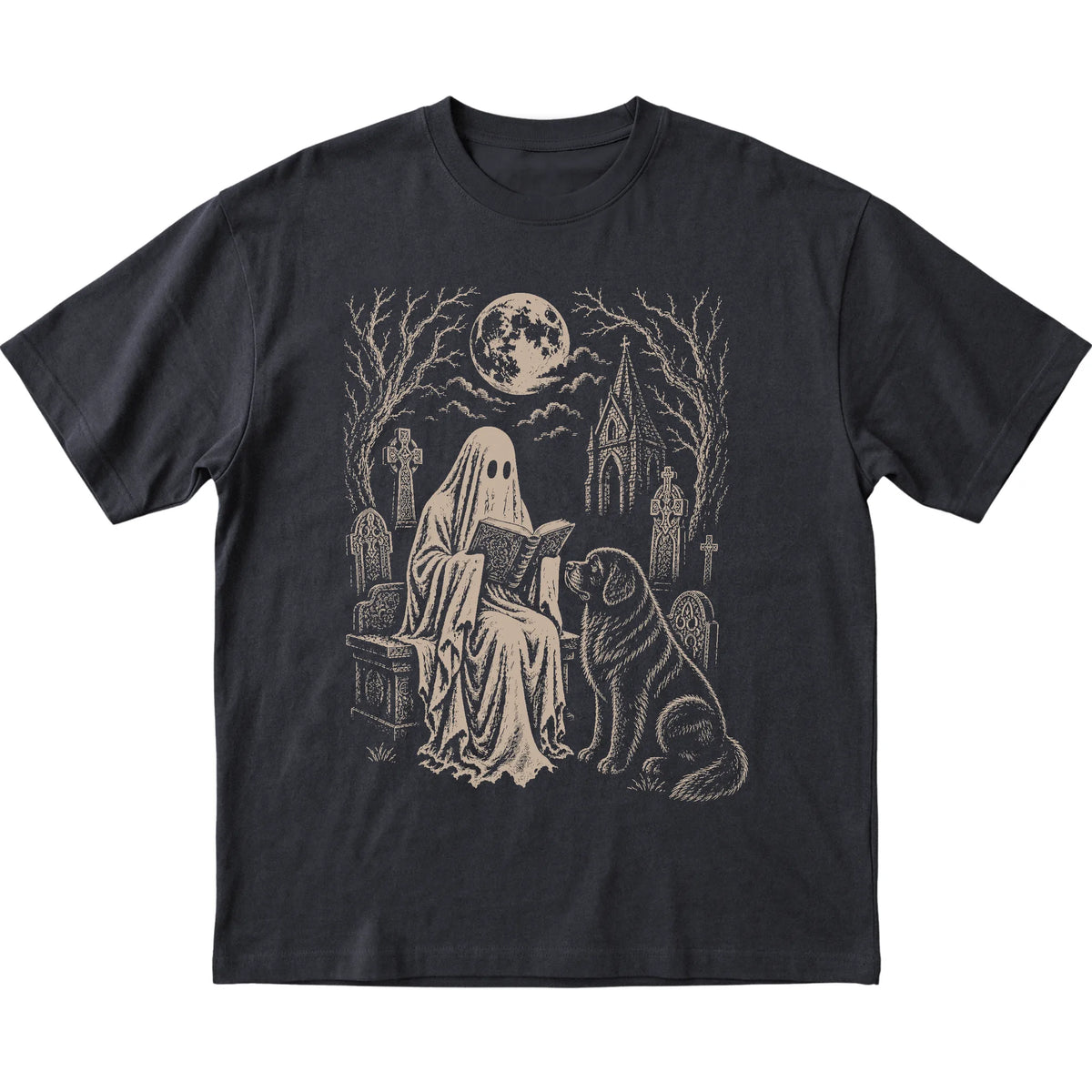 Black T-shirt featuring Ghost Reading to Newfie, laid-flat presentation