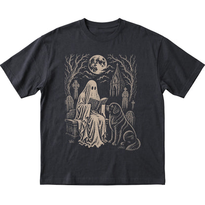 Black T-shirt featuring Ghost Reading to Newfie, laid-flat presentation