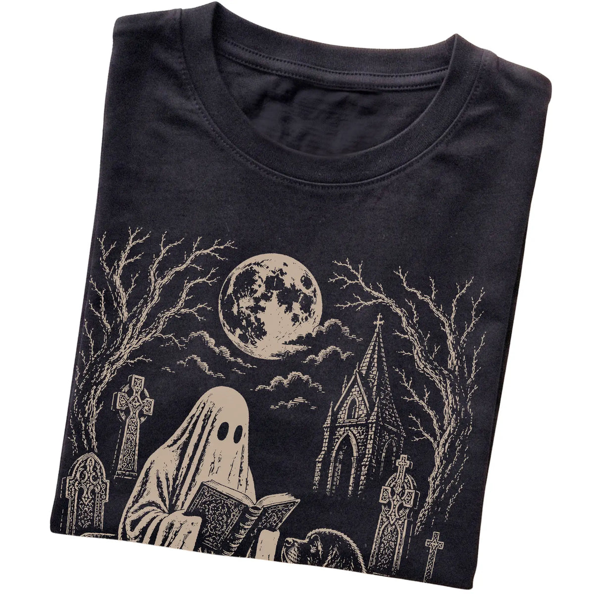 Black T-shirt featuring Ghost Reading to Newfie, folded presentation