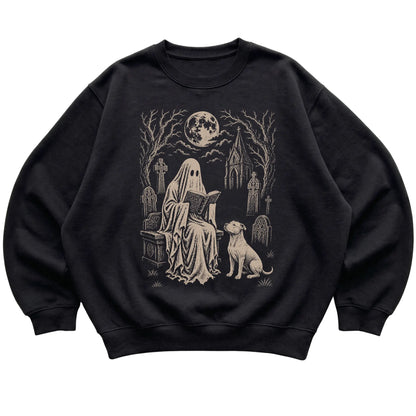 Black crewneck sweatshirt featuring Ghost Reading to Pitbull, laid-flat presentation