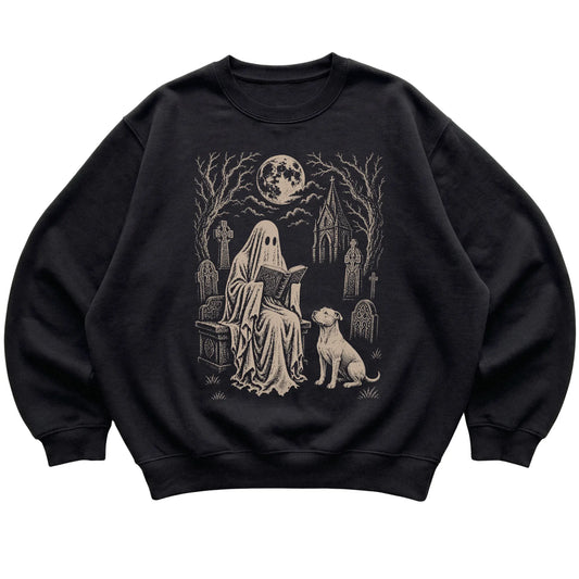 Black crewneck sweatshirt featuring Ghost Reading to Pitbull, laid-flat presentation